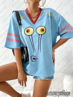 Cartoon SpongeBob Print T-shirts For Women Summer V-Neck Patchwork Short Sleeve Sports Football Jersey Y2K Loose Oversized Tops