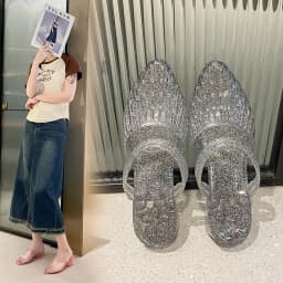 Women'S 2 In 1 Transparent Crystal Plastic Jelly Sandals Non Slip Glitter Pointed Toe Summer Casual Outdoor Beach Flat Slippers