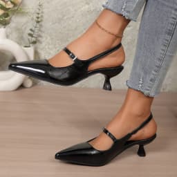 Women's Pointed Toe Slingback Kitten Heels Metallic Patent Leather Ankle Strap Dress Shoes for Office Party