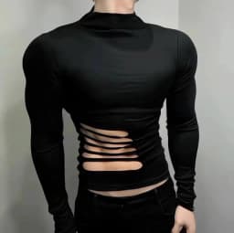 Men Summer T Shirt Long Sleeve Tee Tops Half Collar Clothing Sexy Muscle Skinny Tshirt Side Cut Hollow Out Ripped Slim Autumn