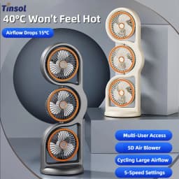 TINSOL 2026 New Portable USB Rechargeable Three-Head Fan – 360° Circulation, 5-Speed Wind, Dormitory and Outdoor Desktop Fan