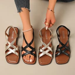 Large Size Fashionable Roman Cross Strap Flat Bottom Sandals Women's Beach Elastic Band Sandals Comfortable Womens Sandals