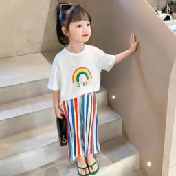 Girls Shorts-sleeve Sets Summer Kids Fashion T-Shirt+Striped Pants 2Pcs Toddler Casual Clothing Suits Children Print Outfits