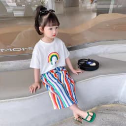 Girls Shorts-sleeve Sets Summer Kids Fashion T-Shirt+Striped Pants 2Pcs Toddler Casual Clothing Suits Children Print Outfits