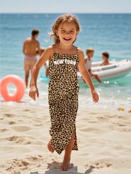 Girls' Fashionable Spaghetti Strap Slim-Fit Dress with Letter Print and Leopard Print, Long Dress with Slight Slit, Digital Print, Suitable for Girls Aged 4-12, for Casual Wear, Vacation, Travel, Shopping, and Parties