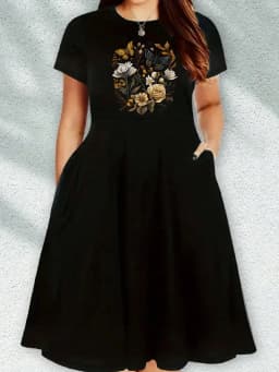 2026 Women's Casual Plus Size Spring/Summer Butterfly Flower Print Round Neck Loose Solid Color Short Sleeved Dress Long Skirt