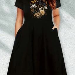 2026 Women's Casual Plus Size Spring/Summer Butterfly Flower Print Round Neck Loose Solid Color Short Sleeved Dress Long Skirt