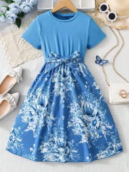 2026 Casual Sweet Girl Patchwork Floral Short-Sleeved Dress, Solid Color Round Neck Top, Summer Casual Floral Dress Gift