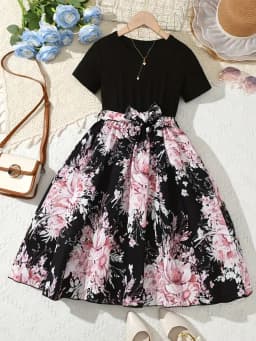 2026 Casual Sweet Girl Patchwork Floral Short-Sleeved Dress, Solid Color Round Neck Top, Summer Casual Floral Dress Gift