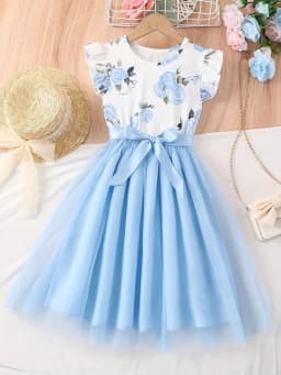 2026 Casual Sweet Girl Patchwork Floral Short-Sleeved Dress, Solid Color Round Neck Top, Summer Casual Floral Dress Gift