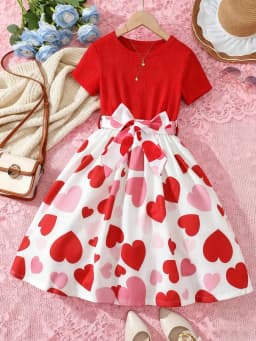 2026 Casual Sweet Girl Patchwork Floral Short-Sleeved Dress, Solid Color Round Neck Top, Summer Casual Floral Dress Gift