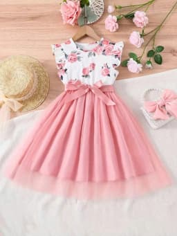 2026 Casual Sweet Girl Patchwork Floral Short-Sleeved Dress, Solid Color Round Neck Top, Summer Casual Floral Dress Gift
