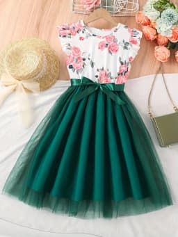 2026 Casual Sweet Girl Patchwork Floral Short-Sleeved Dress, Solid Color Round Neck Top, Summer Casual Floral Dress Gift
