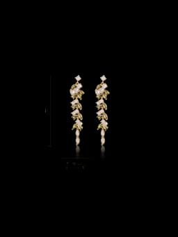 Korean new design fashion jewelry 14K gold plated luxury zircon leaf long tassel earrings elegant women's party accessories