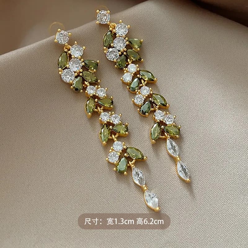Korean new design fashion jewelry 14K gold plated luxury zircon leaf long tassel earrings elegant women's party accessories