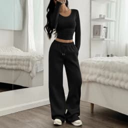 Women's Fashion Casual Wide Leg Pants Long Sleeve Crew Neck Solid Color Slim Two-piece Autumn and Winter Suit
