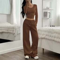 Women's Fashion Casual Wide Leg Pants Long Sleeve Crew Neck Solid Color Slim Two-piece Autumn and Winter Suit
