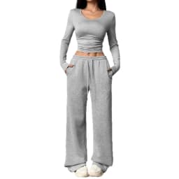 Women's Fashion Casual Wide Leg Pants Long Sleeve Crew Neck Solid Color Slim Two-piece Autumn and Winter Suit