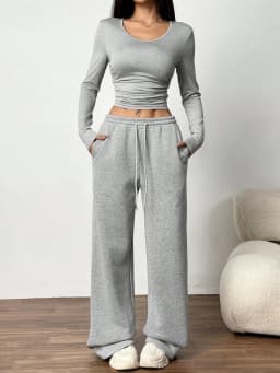 Women's Fashion Casual Wide Leg Pants Long Sleeve Crew Neck Solid Color Slim Two-piece Autumn and Winter Suit