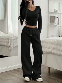 Women's Fashion Casual Wide Leg Pants Long Sleeve Crew Neck Solid Color Slim Two-piece Autumn and Winter Suit