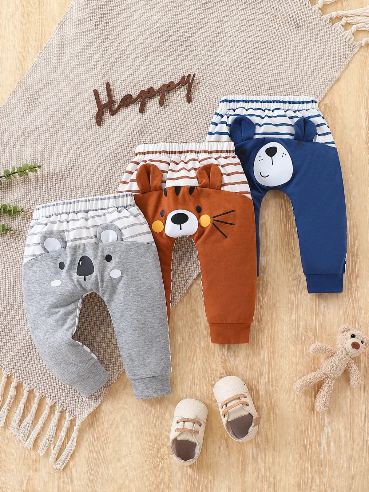 Infant and Toddler Animal Ear Striped Pants, Three-Pack, Bear, Tiger, and Dog Patterns, Soft and Comfortable, Essential for Spring and Autumn