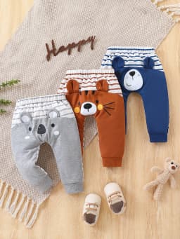 Infant and Toddler Animal Ear Striped Pants, Three-Pack, Bear, Tiger, and Dog Patterns, Soft and Comfortable, Essential for Spring and Autumn