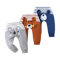 Infant and Toddler Animal Ear Striped Pants, Three-Pack, Bear, Tiger, and Dog Patterns, Soft and Comfortable, Essential for Spring and Autumn