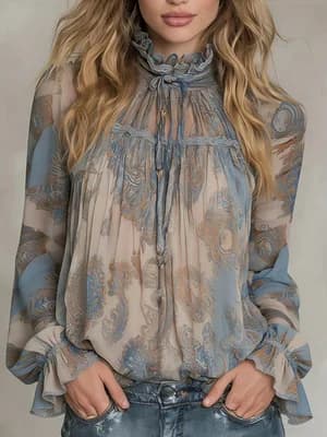 2026 Spring New Collection Retro Paisley Print Chiffon Blouse with Ruffled Stand Collar, Tie-Up Flared Sleeves, Sheer Top, Plus Size Women's Clothing for Work and Vacation