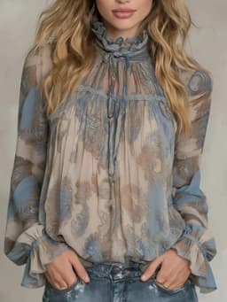 2026 Spring New Collection Retro Paisley Print Chiffon Blouse with Ruffled Stand Collar, Tie-Up Flared Sleeves, Sheer Top, Plus Size Women's Clothing for Work and Vacation