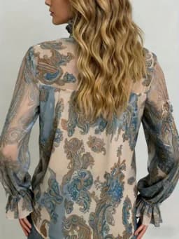 2026 Spring New Collection Retro Paisley Print Chiffon Blouse with Ruffled Stand Collar, Tie-Up Flared Sleeves, Sheer Top, Plus Size Women's Clothing for Work and Vacation