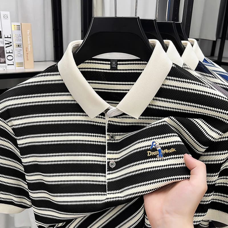 High Quality Men's Polo Shirt, Summer Striped Lapel Short Sleeved T-shirt, Loose Casual Top