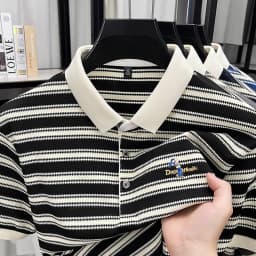 High Quality Men's Polo Shirt, Summer Striped Lapel Short Sleeved T-shirt, Loose Casual Top