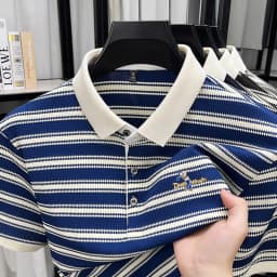 High Quality Men's Polo Shirt, Summer Striped Lapel Short Sleeved T-shirt, Loose Casual Top