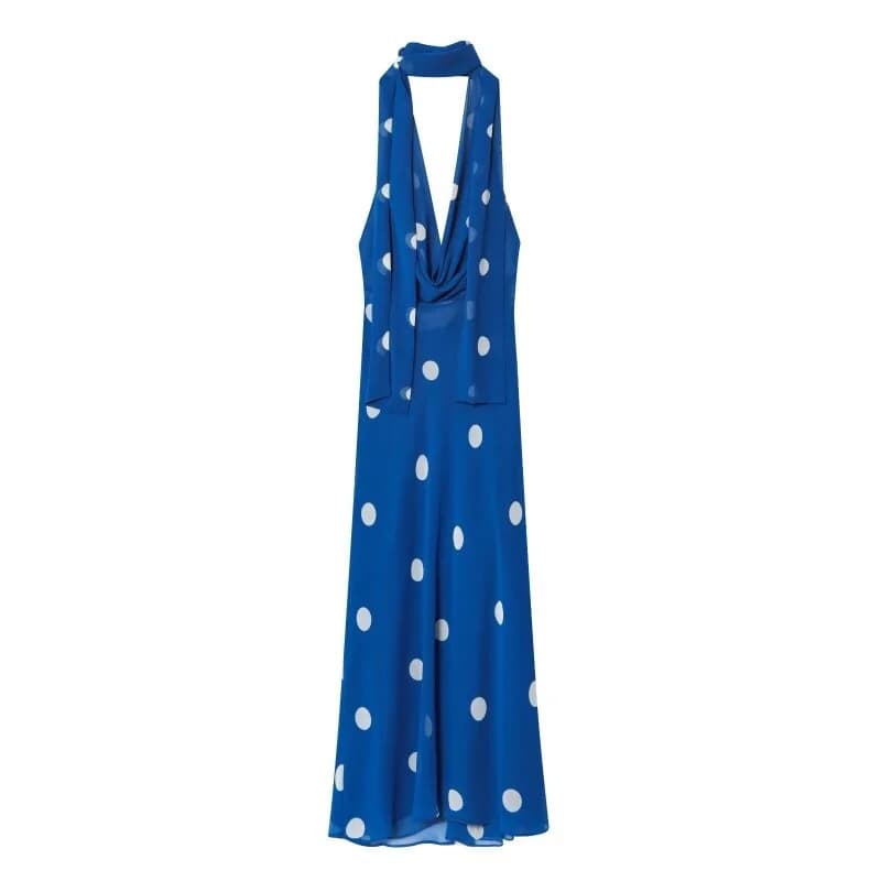 Women's Beach Dress Summer Blue Polka Dot Halter Neck Sash Ankle-Length Slim Fit Vacation Outfit