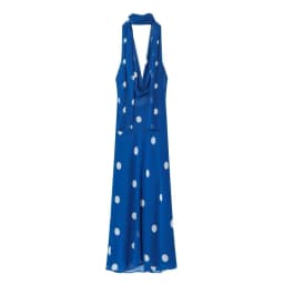 Women's Beach Dress Summer Blue Polka Dot Halter Neck Sash Ankle-Length Slim Fit Vacation Outfit