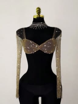 Elegant Rhinestone Mesh Long Sleeve Crop Top For Women Sexy Transparent Hollow Fishnet V Neck T Shirt Rave Beach Party Camisole