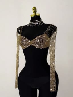 Elegant Rhinestone Mesh Long Sleeve Crop Top For Women Sexy Transparent Hollow Fishnet V Neck T Shirt Rave Beach Party Camisole