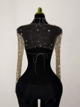 Elegant Rhinestone Mesh Long Sleeve Crop Top For Women Sexy Transparent Hollow Fishnet V Neck T Shirt Rave Beach Party Camisole