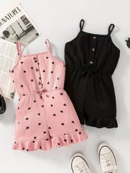 2pcs, 2026 girls' casual summer button up heart-shaped camisole jumpsuit, 2pcs in two colors. Suitable for outdoor travel