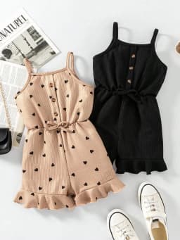 2pcs, 2026 girls' casual summer button up heart-shaped camisole jumpsuit, 2pcs in two colors. Suitable for outdoor travel