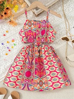 2026 Girls' Summer Fashion Dress, Casual Love Pattern, Breathable Sleeveless Square Neck (No Accessories)