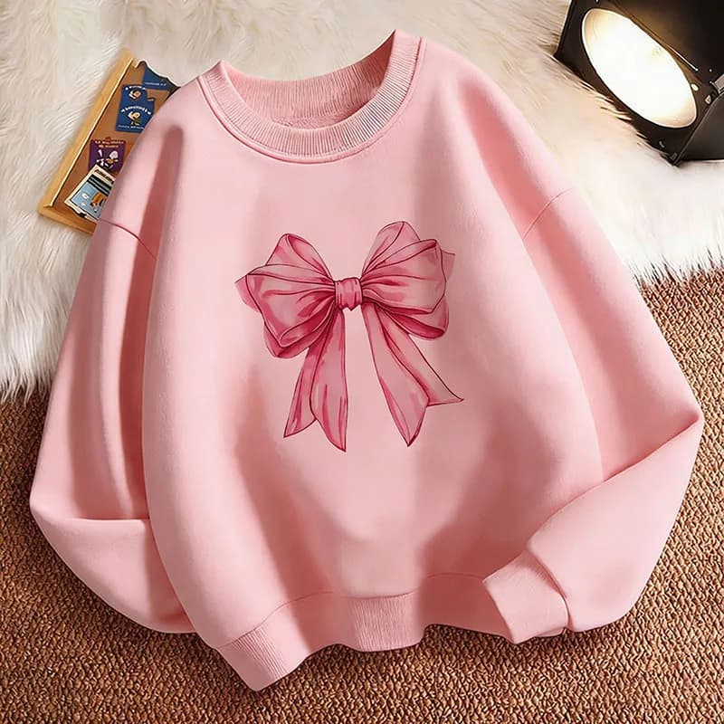 Pullover Crew Neck Fashion Pink Color Bow Design Y2k Hoodie Children's Sweatshirt Hoody Girls Kawaii Casual Hoodies