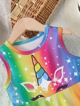 2026 Girls' Casual Spring/Summer Autumn Dream Unicorn Printed Sleeveless Round Neck Dress, Colorful Sleeveless Dress