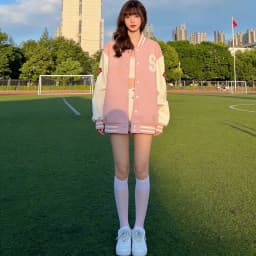 Women's Vintage Preppy-Style Fleece-Lined Pink Baseball Jacket – Versatile, Thick-Knit Cardigan Women's Clothing