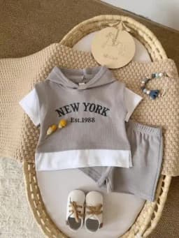 2Pcs Toddler Baby Boy Outfits Summer Short Sleeve Hooded Letter Print Knit Tops and Elastic Waist Shorts Set