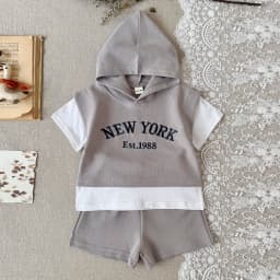 2Pcs Toddler Baby Boy Outfits Summer Short Sleeve Hooded Letter Print Knit Tops and Elastic Waist Shorts Set