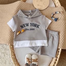 2Pcs Toddler Baby Boy Outfits Summer Short Sleeve Hooded Letter Print Knit Tops and Elastic Waist Shorts Set