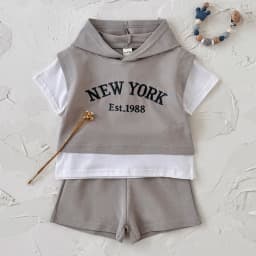 2Pcs Toddler Baby Boy Outfits Summer Short Sleeve Hooded Letter Print Knit Tops and Elastic Waist Shorts Set