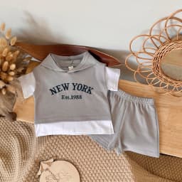 2Pcs Toddler Baby Boy Outfits Summer Short Sleeve Hooded Letter Print Knit Tops and Elastic Waist Shorts Set