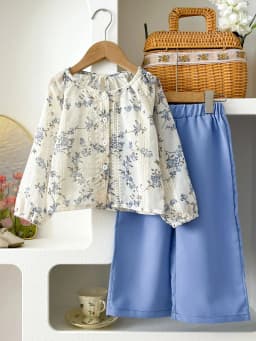 Kids Clothes Girls Spring Fashion Floral Jacquard Chiffon Long-sleeved Top + Wide-leg Pants Sets Children's Daily Casual Wear